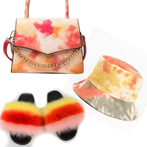 Colorful Hat With Real Fox Fur Slides And Matching Bag