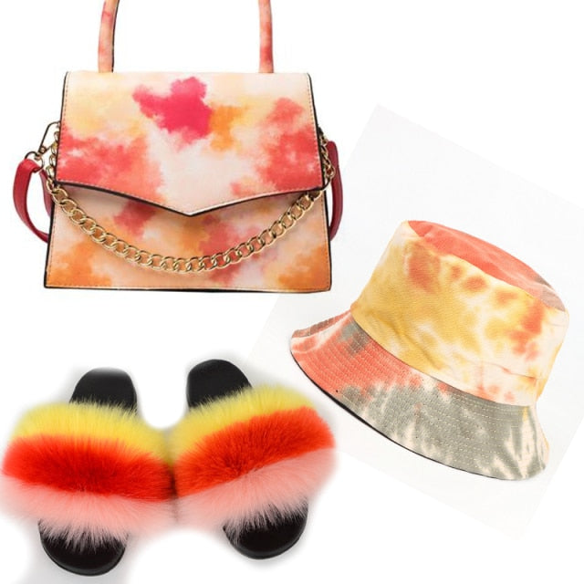 Colorful Hat With Real Fox Fur Slides And Matching Bag