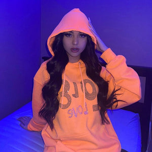 Rhinestone Hoodie Women Casual Oversized Hoodie Fashion Loose Hooded Sweatshirt Winter Cotton Pullover Hoodie Orange