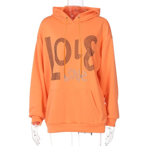 Rhinestone Hoodie Women Casual Oversized Hoodie Fashion Loose Hooded Sweatshirt Winter Cotton Pullover Hoodie Orange