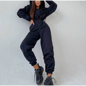 Casual Women Hoodie Two Piece Sets Zipper Drawstring Jacket Outerwear And Elastic Pencil Pant Suit Autumn Winter Tracksuit