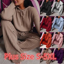 2021 New Fashion Ladies Autumn Knit 2 Piece Long Sleeve Loose Hooded Top High Waist Wide Leg Pants Suit