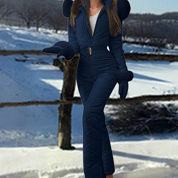 Winter Hooded Jumpsuits Parka Elegant Cotton Padded Warm Sashes Ski Suit Straight Zipper One Piece Women Casual Tracksuits