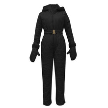 Winter Hooded Jumpsuits Parka Elegant Cotton Padded Warm Sashes Ski Suit Straight Zipper One Piece Women Casual Tracksuits