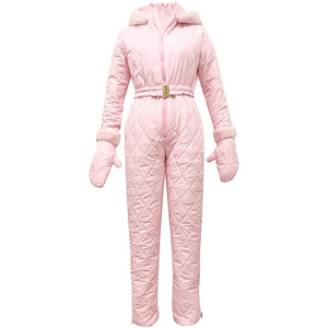 Winter Hooded Jumpsuits Parka Elegant Cotton Padded Warm Sashes Ski Suit Straight Zipper One Piece Women Casual Tracksuits