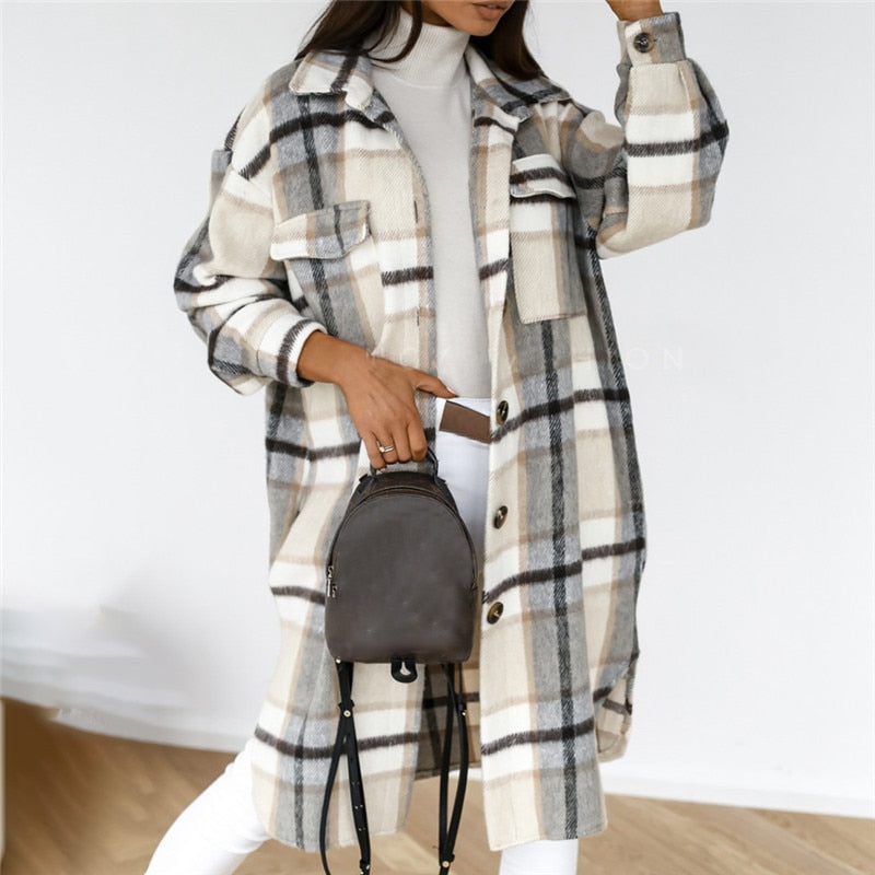 Women Winter Plaid Shirt Jacket Fashion Turn Down Collar Long Oversize Coat Single Breasted Thick Warm Lady Streetwear Overcoat