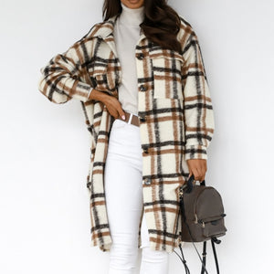 Women Winter Plaid Shirt Jacket Fashion Turn Down Collar Long Oversize Coat Single Breasted Thick Warm Lady Streetwear Overcoat