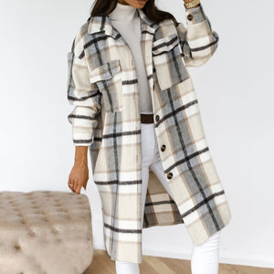 Women Winter Plaid Shirt Jacket Fashion Turn Down Collar Long Oversize Coat Single Breasted Thick Warm Lady Streetwear Overcoat