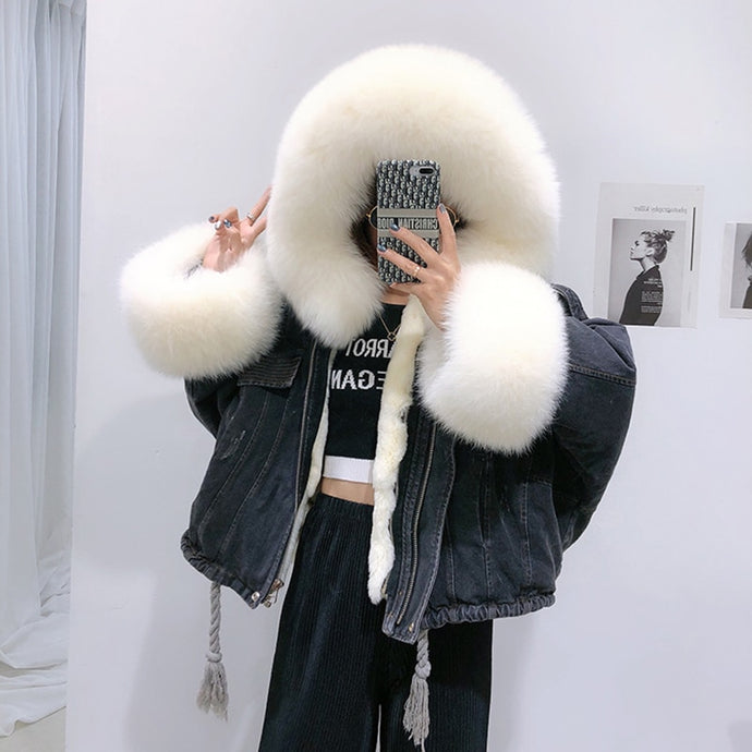 Winter Real Fox Fur Denim Jacket Women Oversized Parka Fur Hood Genuine Rabbit Fur Liner Detachable Fashion Luxury Ladies Coat