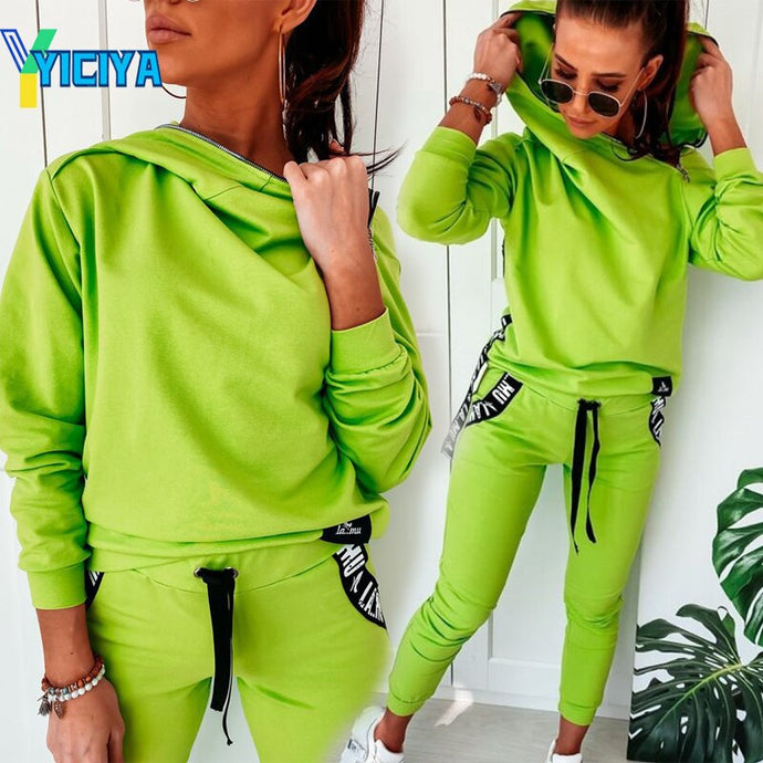 YICIYA Two Piece Set Women Solid Hoodied Sweatshirt&woman Pants Ribbon Patchwork Letter Print Tracksuit Women Pockets Autumn,met