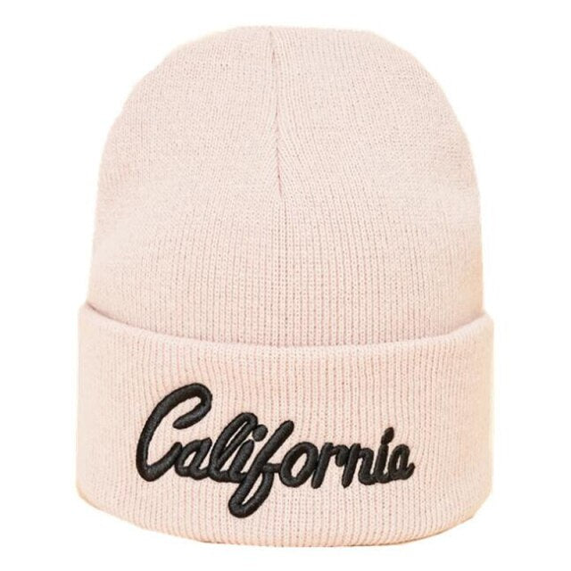 New California 3D Letter Embroidery Beanie Hat 100%Cotton Winter Warm Knit  Hood