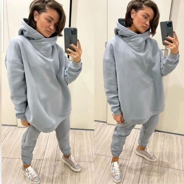 Thick Fleece Tracksuit  Autumn Winter Turtleneck Hooded Sweatshirt Jogger Pants Two Piece Set Casual Oversized