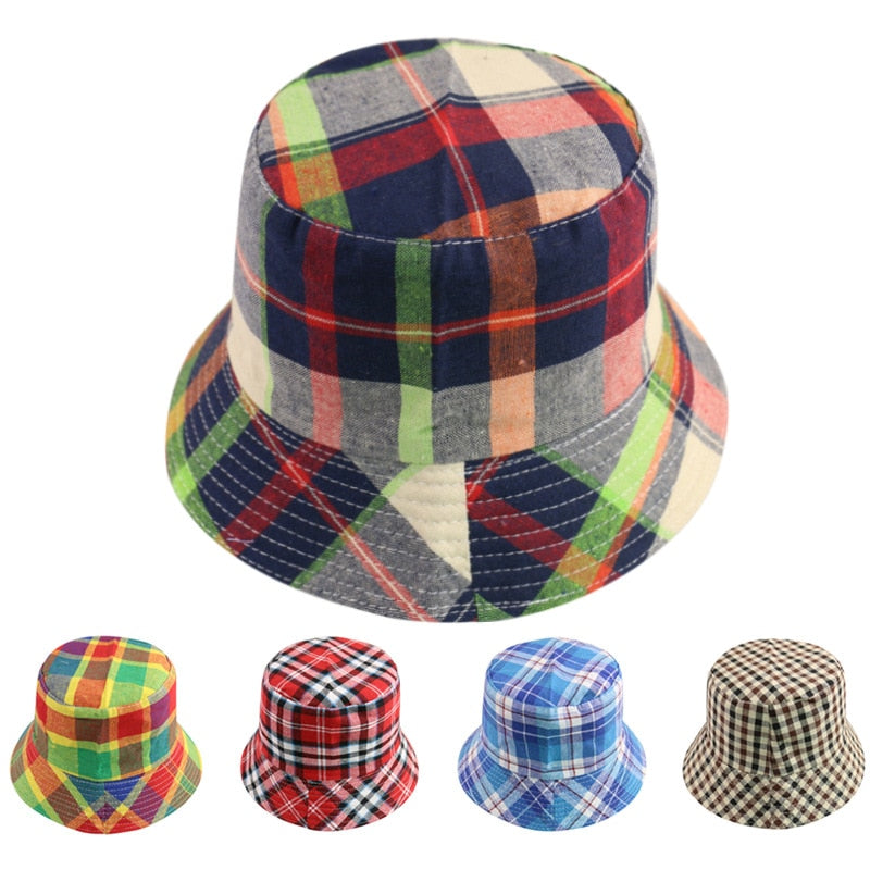 Bucket Hats for Women Retro Foldable Cotton Plaid Pattern Leisure hat