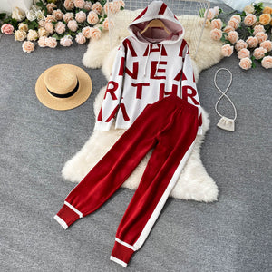 2022 Women Winter Lettered Knitted Hoodie Loose Pullover Top and Pocket Pants 2 Piece Set