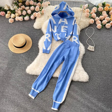 2022 Women Winter Lettered Knitted Hoodie Loose Pullover Top and Pocket Pants 2 Piece Set