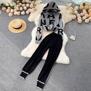 2022 Women Winter Lettered Knitted Hoodie Loose Pullover Top and Pocket Pants 2 Piece Set