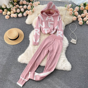 2022 Women Winter Lettered Knitted Hoodie Loose Pullover Top and Pocket Pants 2 Piece Set