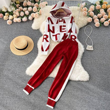 2022 Women Winter Lettered Knitted Hoodie Loose Pullover Top and Pocket Pants 2 Piece Set